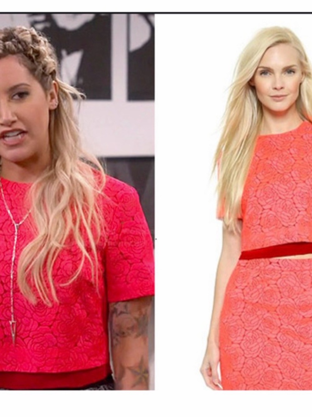 ALC Thompson: trending Bright Coral Lace Crop Top and Skirt with texture